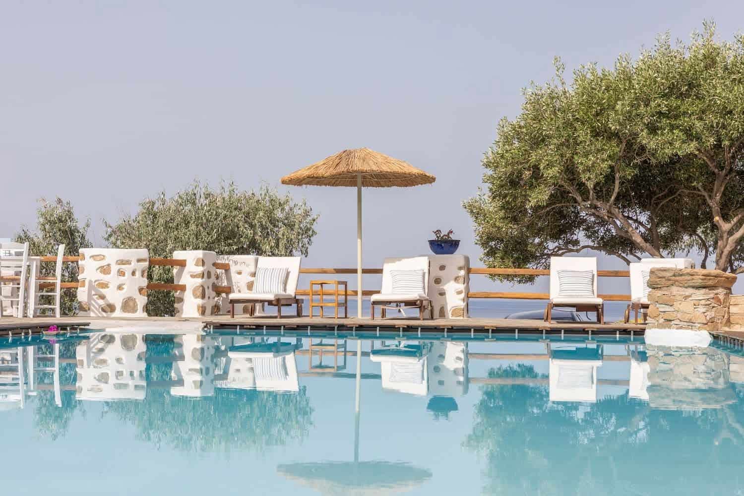 Piscine bordée d'oliviers à Mykonos